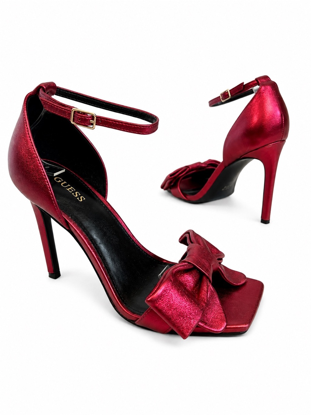 GUESS Burgundy Metallic Bow High Heel Sandals Ankle Strap Stiletto Square Toe 7M